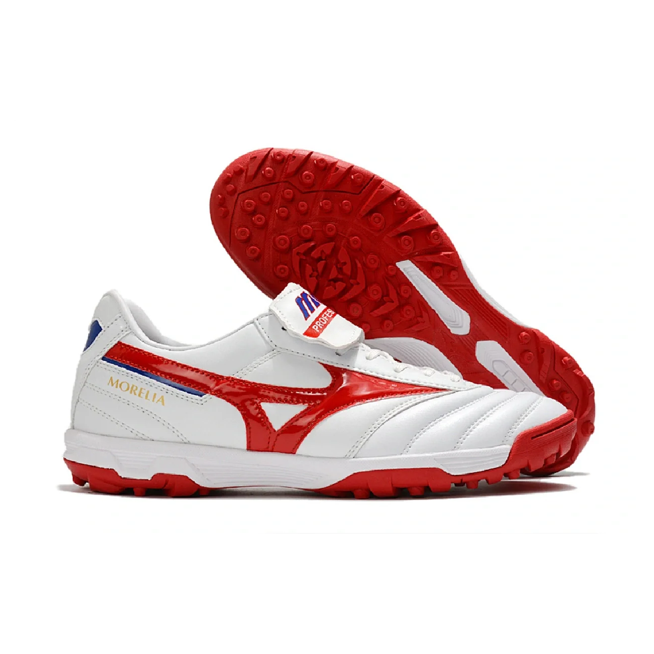 Botas de fútbol Mizuno Morelia Sala Classic Turf TF, color blanco, rojo y negro