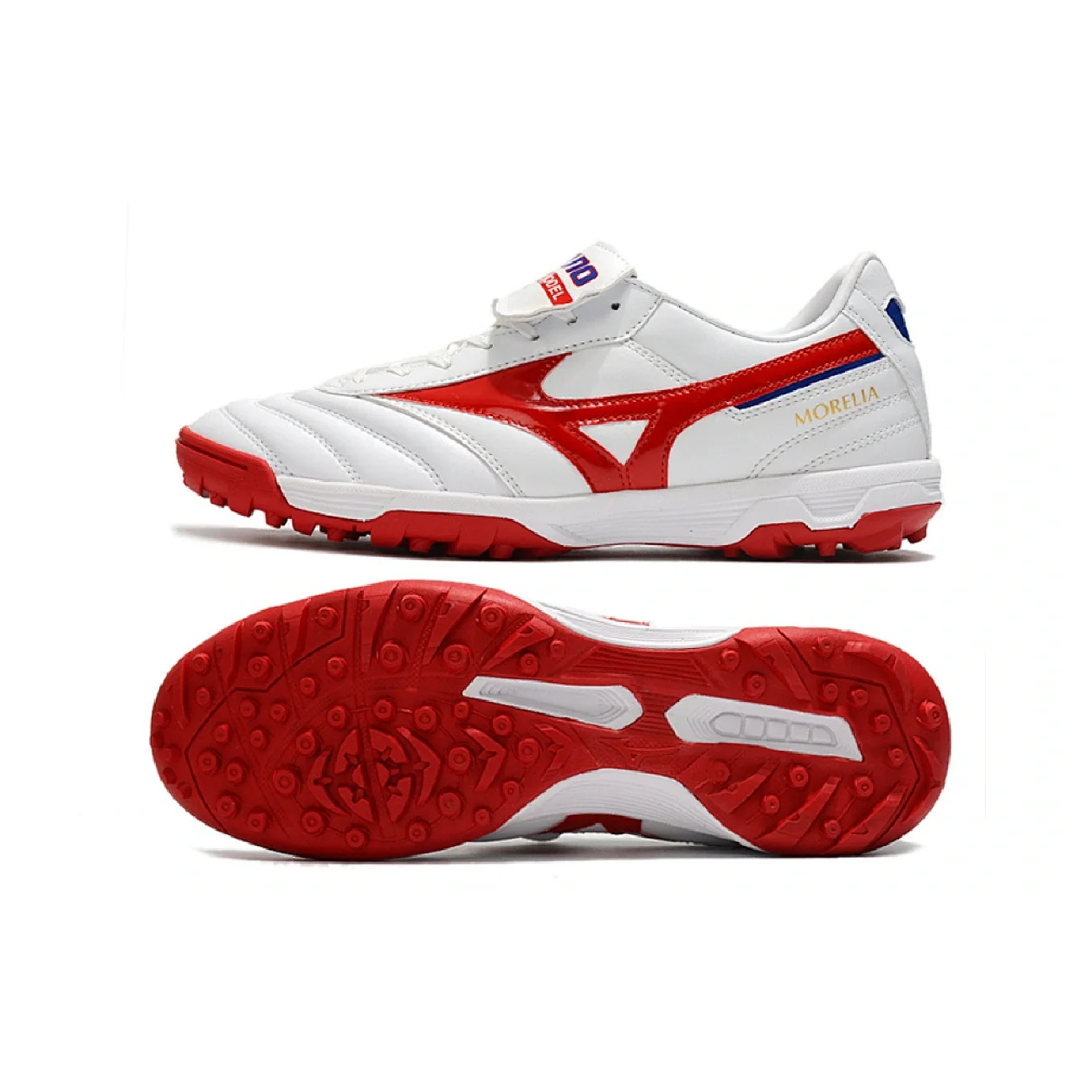 Botas de fútbol Mizuno Morelia Sala Classic Turf TF, color blanco, rojo y negro