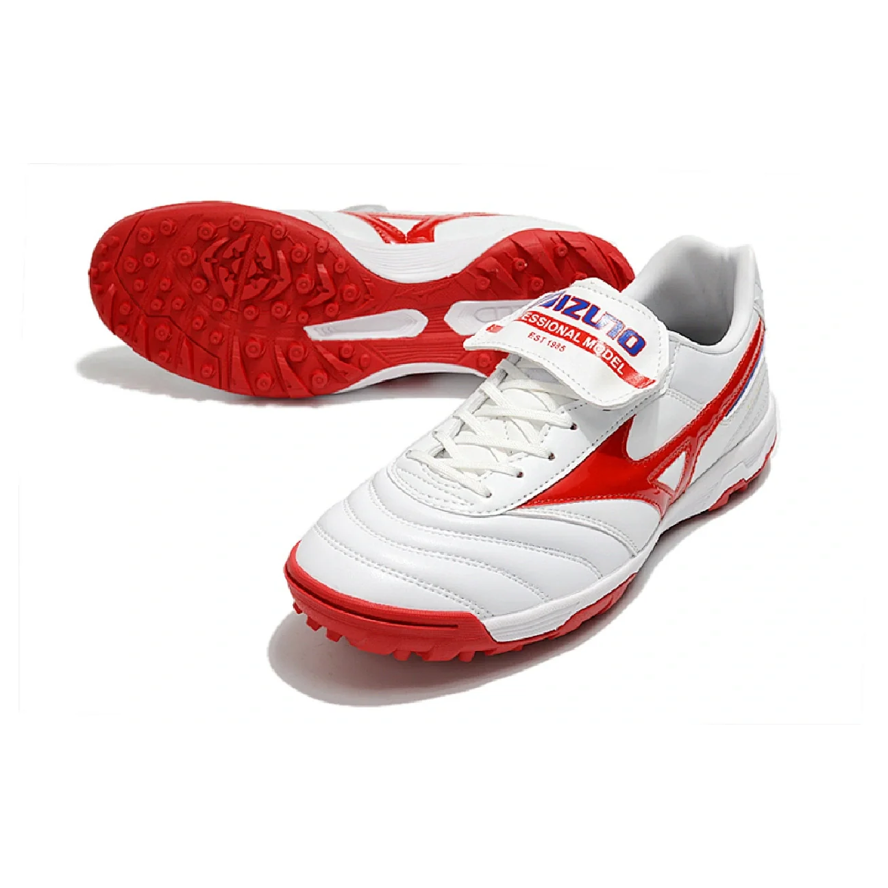 Botas de fútbol Mizuno Morelia Sala Classic Turf TF, color blanco, rojo y negro