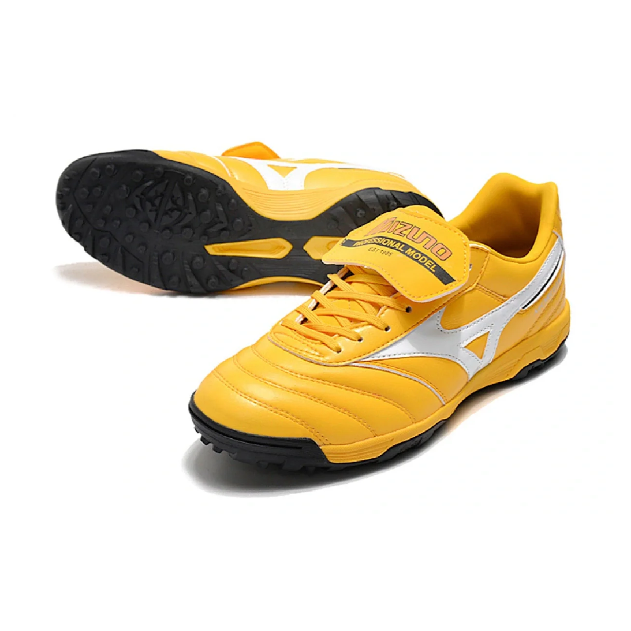 Botas de fútbol Mizuno Morelia Sala Classic Turf TF, color amarillo, blanco y negro