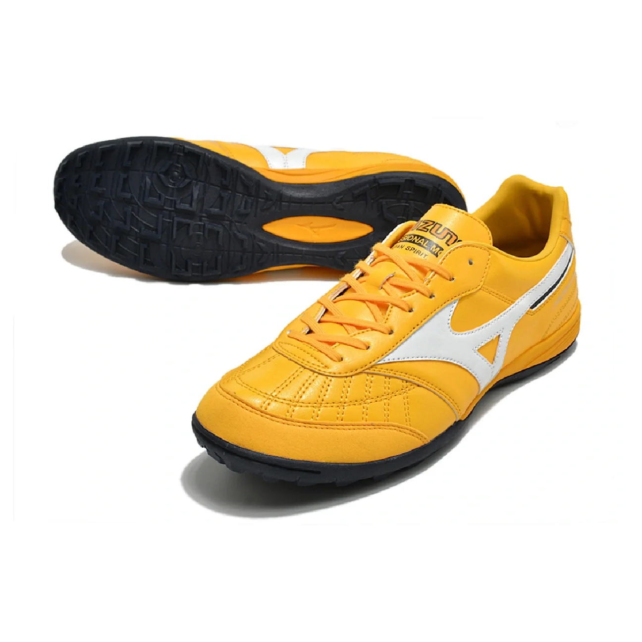 Botas de fútbol Mizuno Morelia Sala TF Turf TF amarillas, blancas y negras