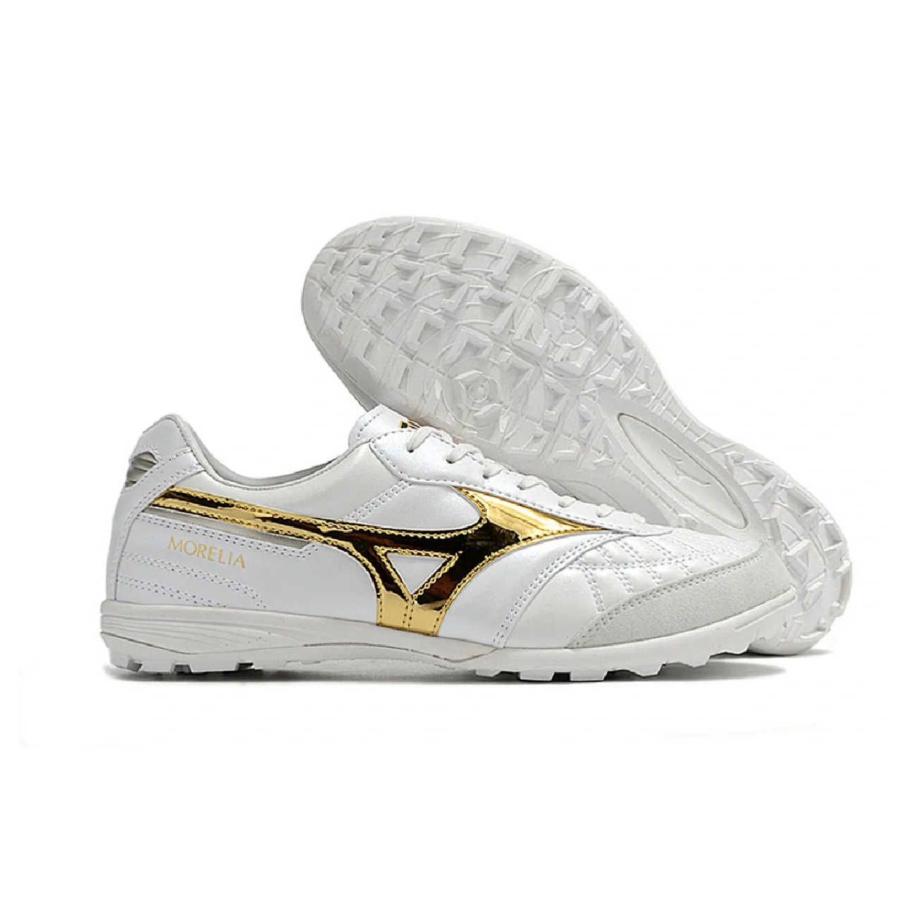 Botas de fútbol Mizuno Morelia Sala Turf TF blancas y doradas
