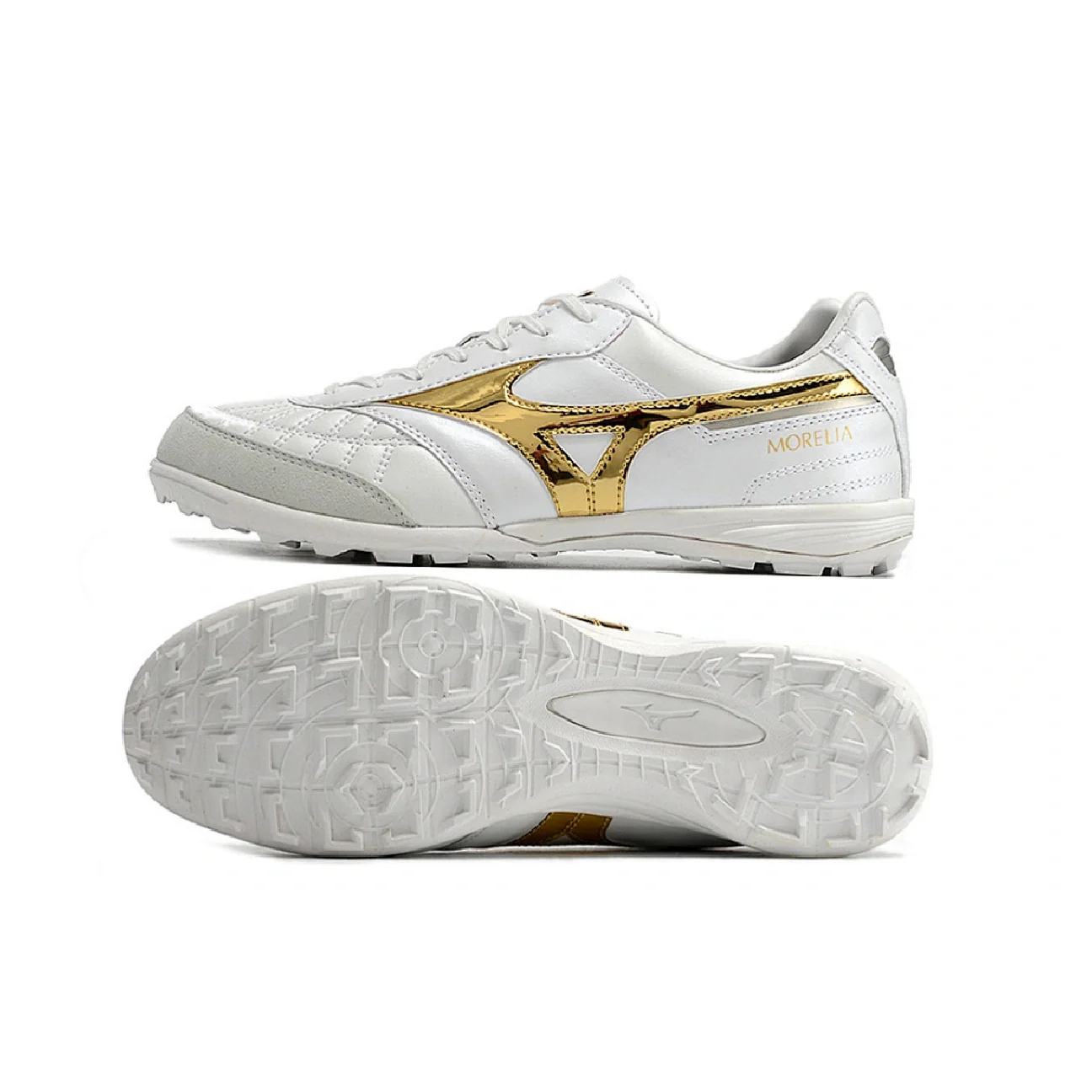 Botas de fútbol Mizuno Morelia Sala Turf TF blancas y doradas
