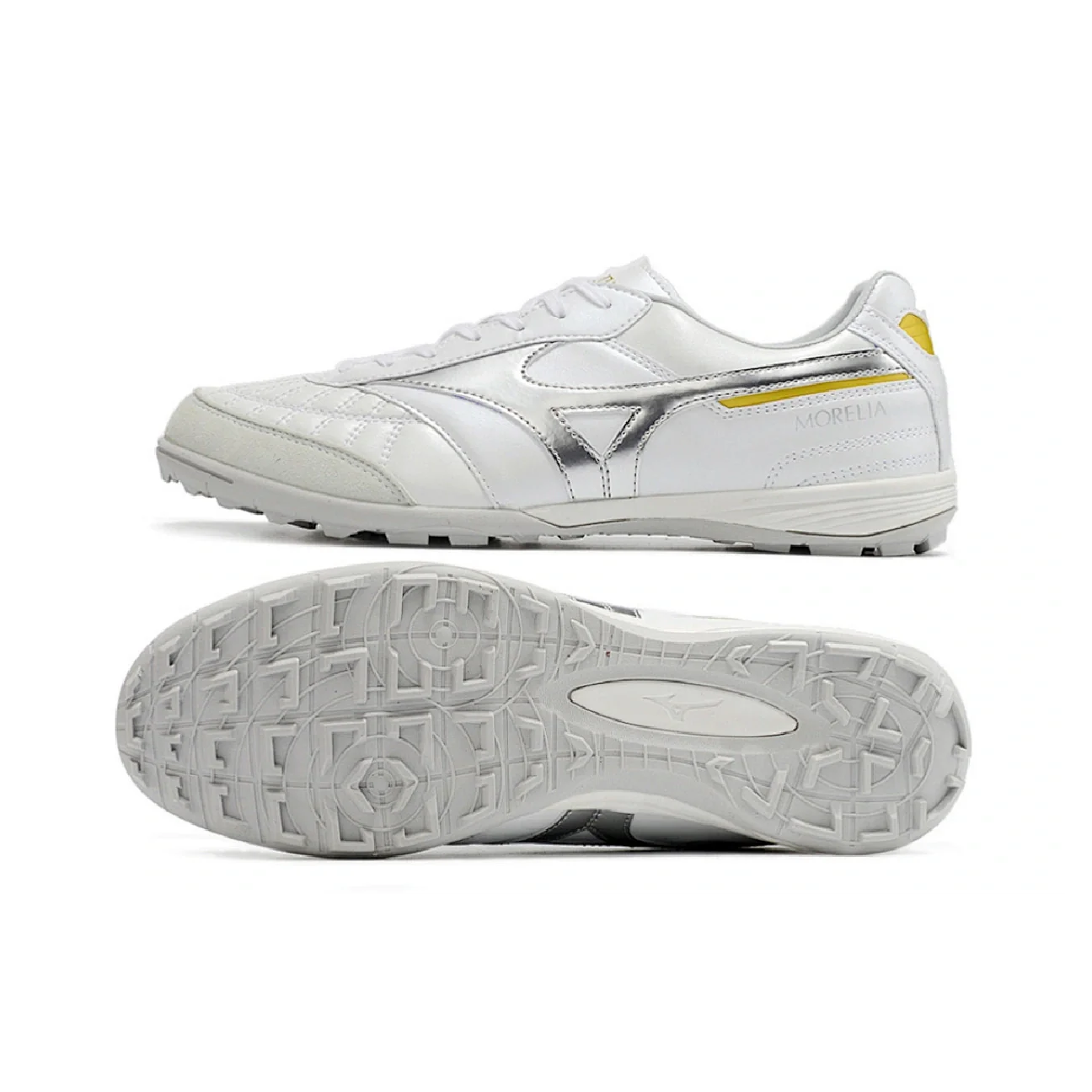 Botas de fútbol Mizuno Morelia Sala Turf TF blancas y plateadas