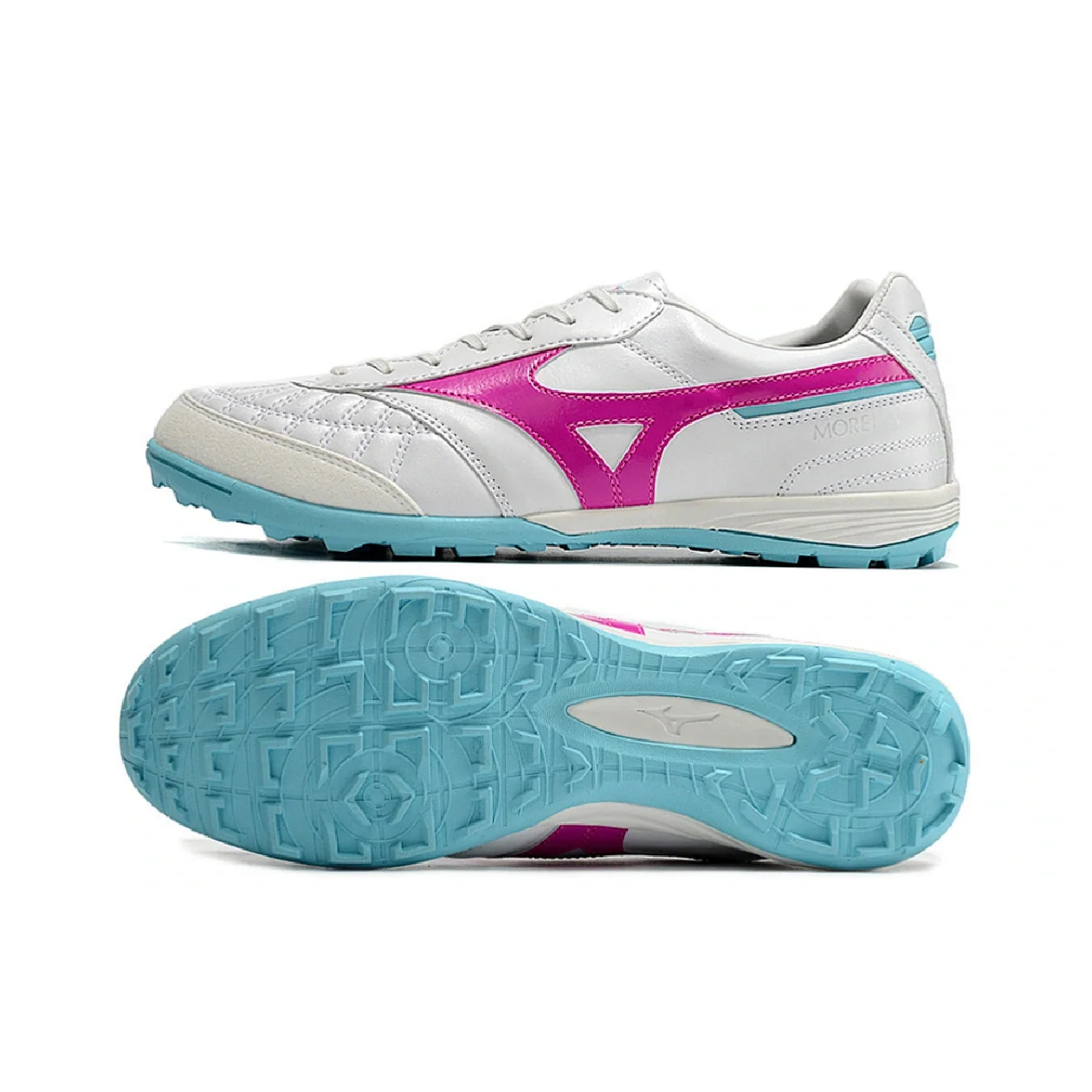 Botas de fútbol Mizuno Morelia Sala Turf TF en blanco, rosa y azul