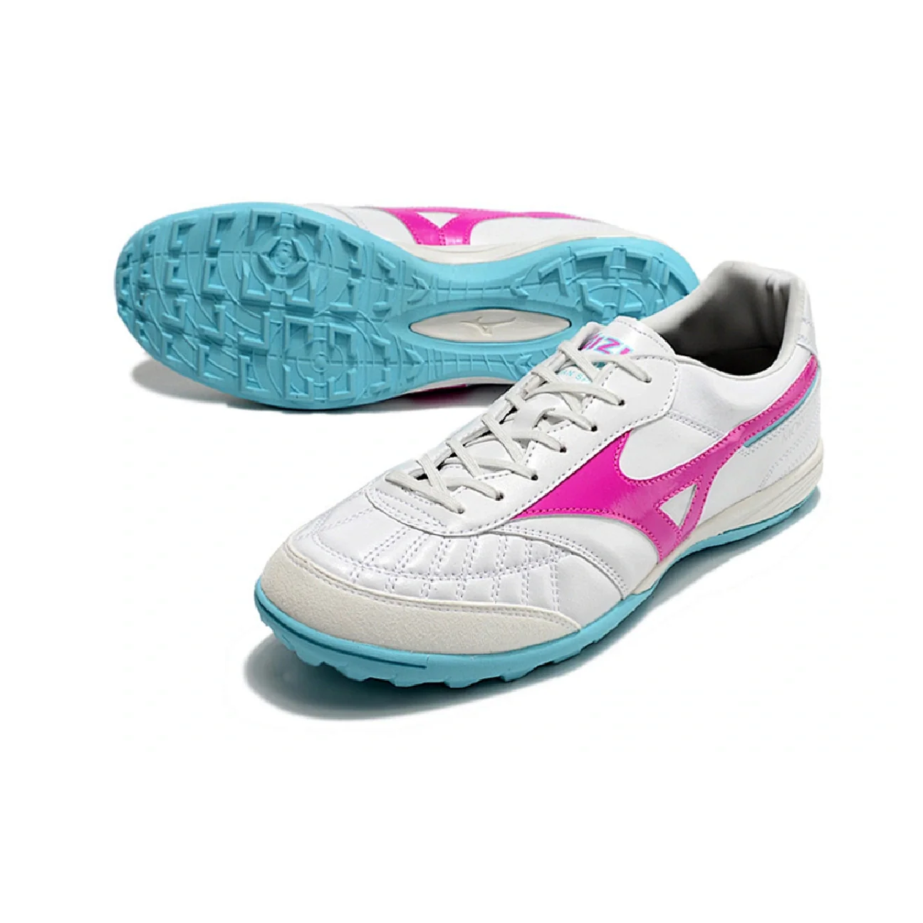 Botas de fútbol Mizuno Morelia Sala Turf TF en blanco, rosa y azul