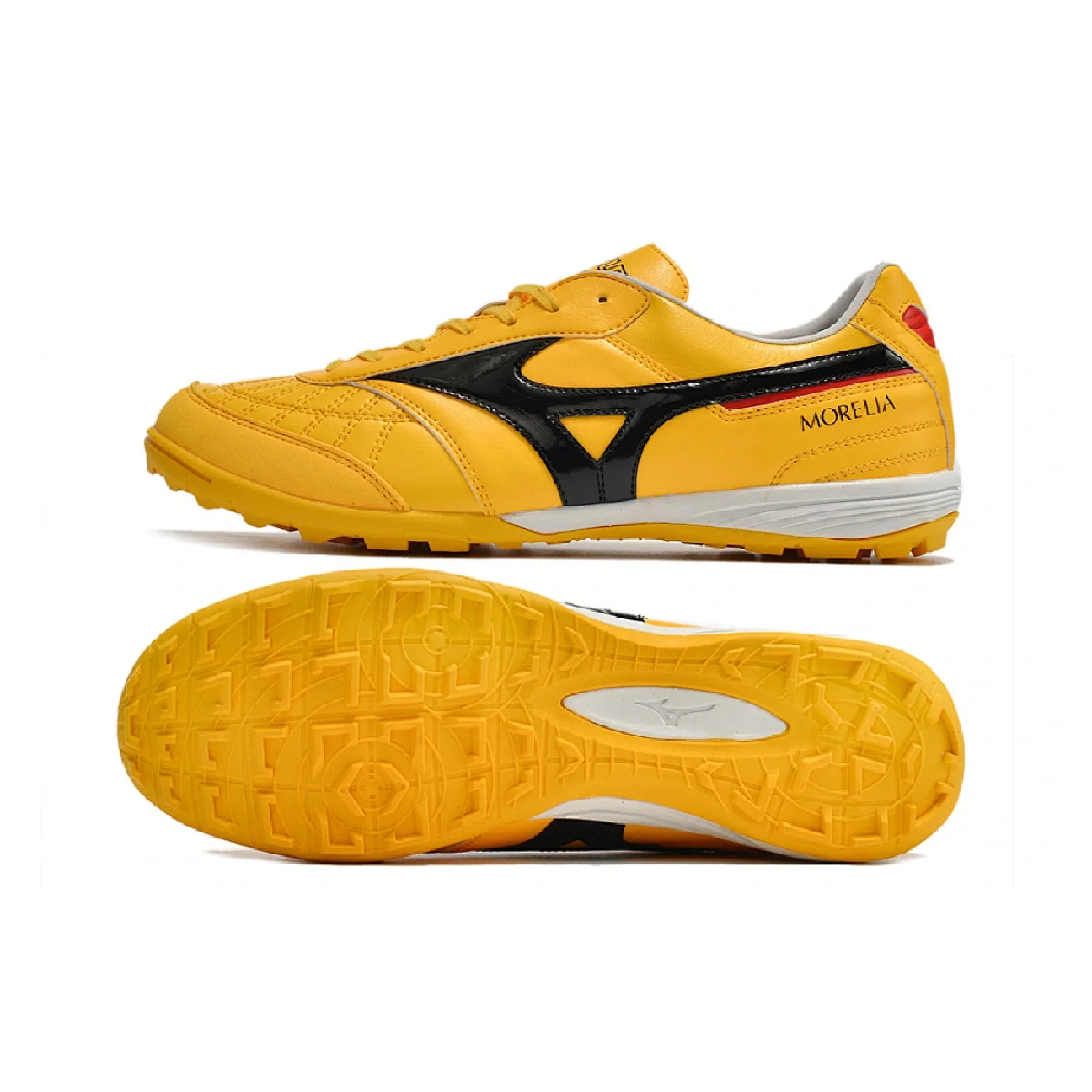Botas de fútbol Mizuno Morelia Sala Turf TF amarillas, negras y rojas