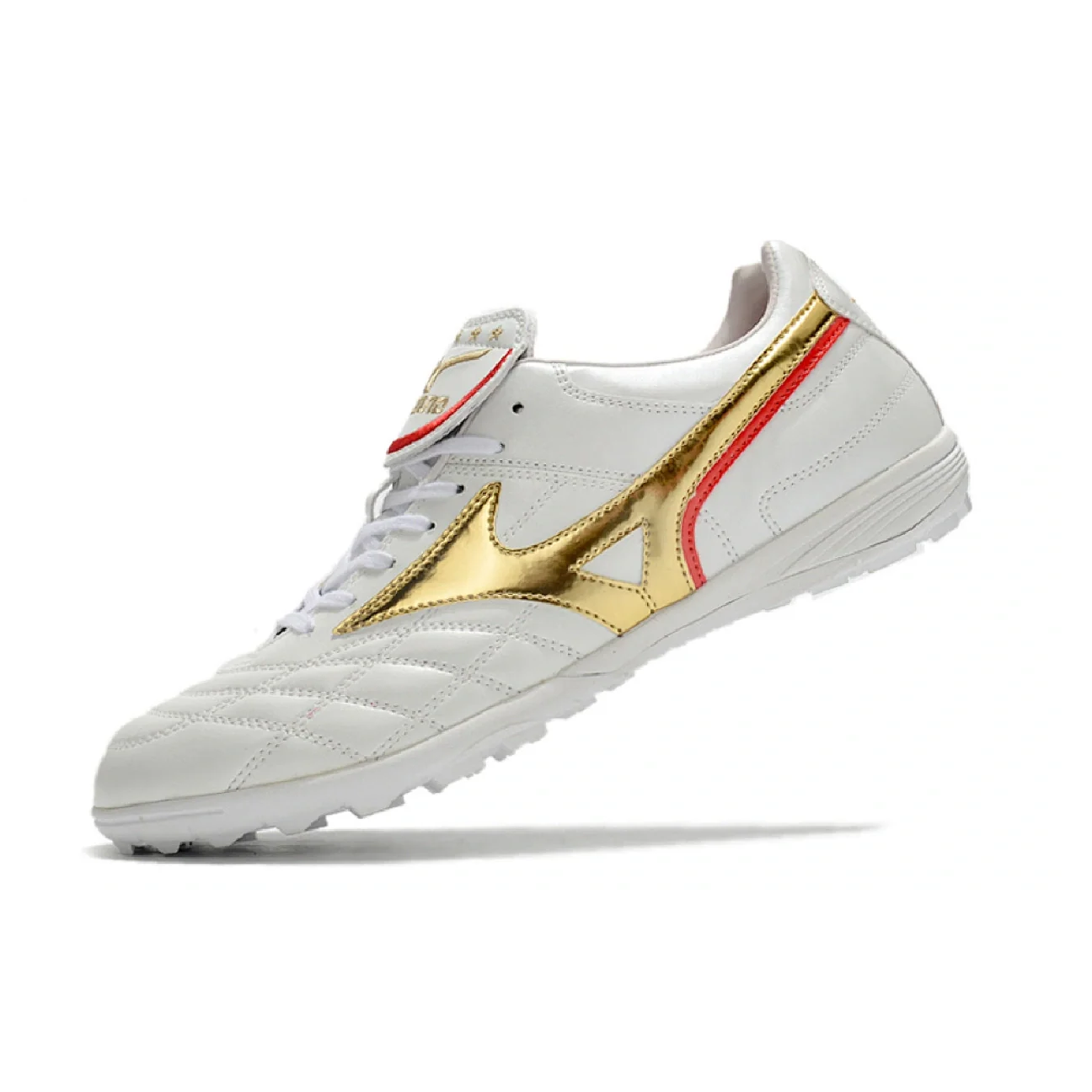 Botas de fútbol Mizuno Wave Cup Turf TF blancas y doradas