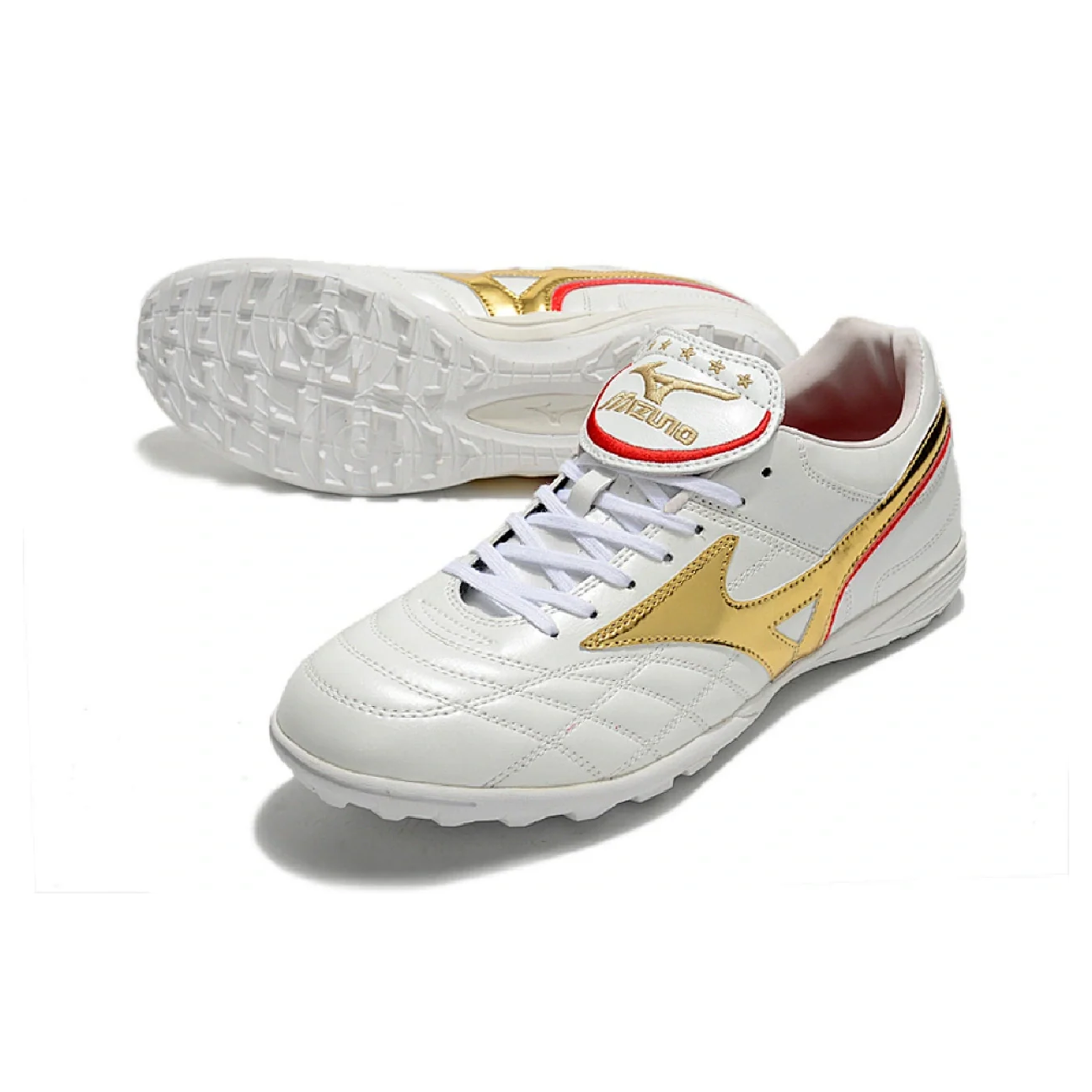 Botas de fútbol Mizuno Wave Cup Turf TF blancas y doradas