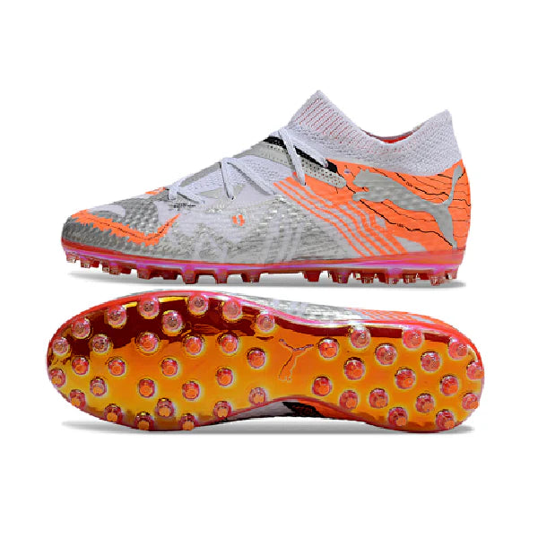 Botas de fútbol Puma Future 7 MG multisuperficie en blanco y naranja