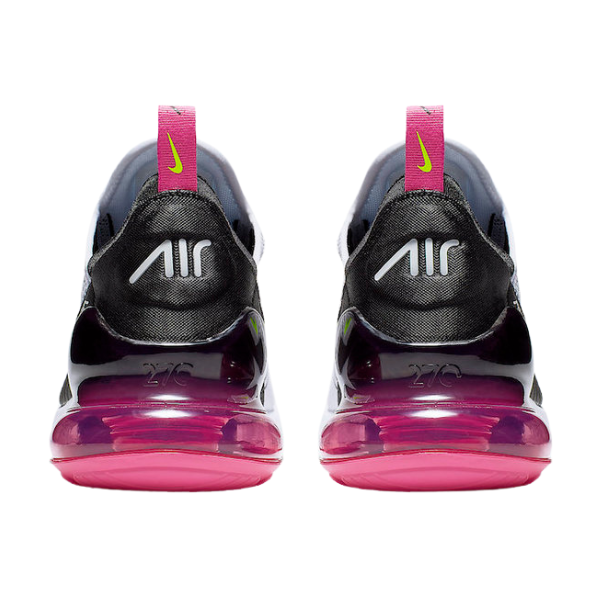 Zapatillas Nike Air Max 270 React negras, fucsias y voltio.